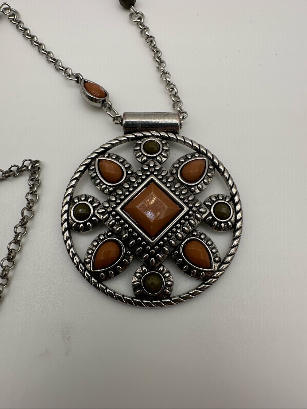 Silver-Tone Orange & Olive Pendant Necklace